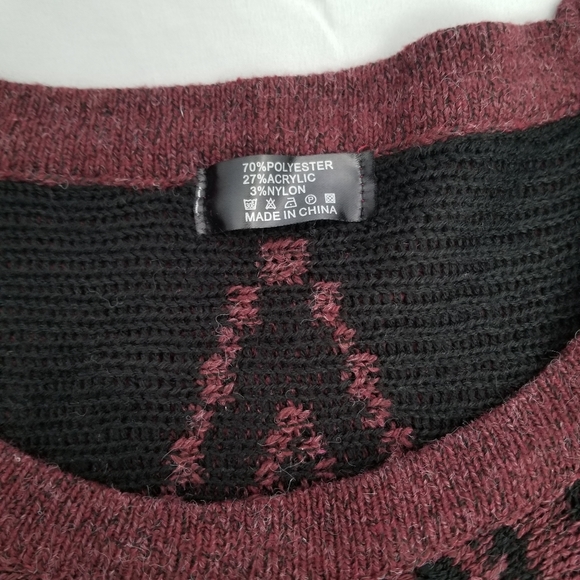 Maroon and Black Poncho with Fringe - Picture 4 of 4